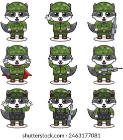 Cute Raccoon soldier in camouflage uniform. Cartoon funny Raccoon soldier character with helmet and green uniform in different positions. Funny Animal illustration Set.