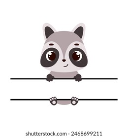 Cute raccoon split monogram. Funny cartoon character for shirt, scrapbooking, greeting cards, baby shower, invitation. Bright colored childish stock vector illustration