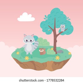 cute raccoon squirrel and owl animals cartoon standing meadow tree and flowers nature vector illustration