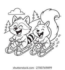 a cute raccoon and squirrel are sledding down a snowy hill in winter, smiling and having a lot of fun