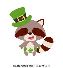 Cute raccoon in St. Patrick's Day leprechaun hat holds shamrocks. Irish holiday folklore theme. Cartoon design for cards, decor, shirt, invitation. Vector stock illustration.