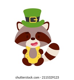 Cute raccoon St. Patrick's Day leprechaun hat holds horseshoe. Irish holiday folklore theme. Cartoon design for cards, decor, shirt, invitation. Vector stock illustration.