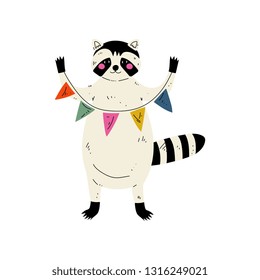 Cute Raccoon Standing with Party Flags, Forest Animal Character for Happy Birthday Design Vector Illustration