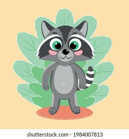 A cute raccoon stands and looks at you. Children's vector illustration.