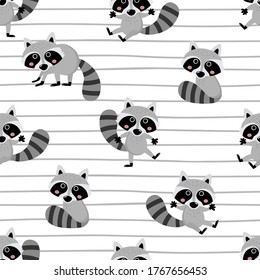 Cute raccoon and strip seamless pattern and background. Wildlife animal cartoon character vector. 