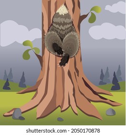 A cute raccoon stuck in a hollow of a tree. Vector illustration