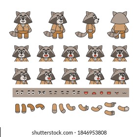 Raccoon lindo en kit de creación de traje. Crea tu propia acción o animación. Conjunto de ilustraciones de vectores