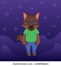 
Cute raccoon in a suit night landscape vector illustration for children winter snowdrifts