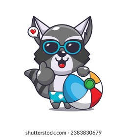 Cute raccoon in sunglasses with beach ball cartoon illustration. Cute summer cartoon illustration. 