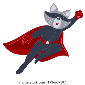 
Cute raccoon in superhero costume. Animal with extraordinary flying abilities wear mask of a hero and purple cloak. Flat vector illustration isolate on white background. Print for T-shirts, sweaters