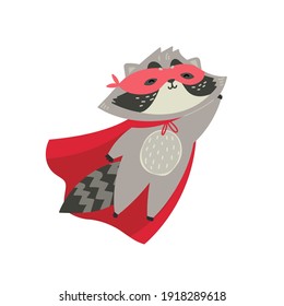 Cute raccoon in superhero costume. You are my hero. Animal with extraordinary flying abilities wear mask of a hero and purple cloak. Flat vector illustration isolated on a white background. 