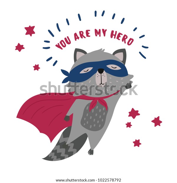可爱的浣熊在超级英雄服装 你是我的英雄文字 动物具有非凡的飞行能力穿着英雄和紫色斗篷的面具 平面矢量插图 库存矢量图 免版税