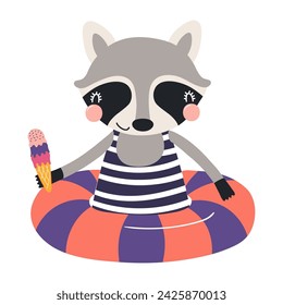 Cute raccoon swimming with a pool float cartoon character illustration. Hand drawn Scandinavian style flat design, isolated vector. Kids summer print element, animal on holidays, vacations, beach