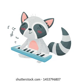 Cute raccoon with a synthesizer. Vector illustration on white background.