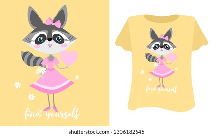 Cute raccoon   t shirt graphic design vector illustration, cute kids clothes