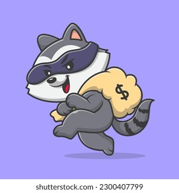 Cute Raccoon Thief Bring Money Bag Cartoon Vector Icon Illustration. Animal Finance Icon Concept Isolated Premium Vector. Flat Cartoon Style