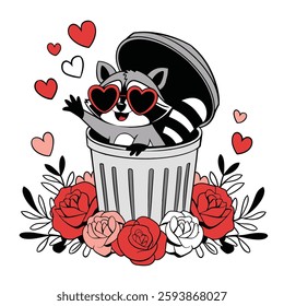 Cute Raccoon in Trash Can with Heart Sunglasses and Roses Illustration