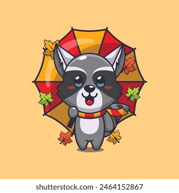 Lindo mapache con paraguas en la temporada de otoño. Ilustración vectorial de dibujos animados de la mascota conveniente para el póster, folleto, Web, mascota, etiqueta engomada, logotipo e icono.