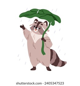 Cute raccoon under leaf umbrella in warm summer rain. Funny animal character enjoying rainy weather with natural shelter. Happy joyful racoon. Flat vector illustration isolated on white background