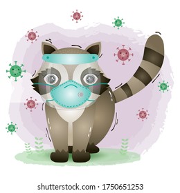 cute raccoon using face shield and mask.  Covid-19,  coronavirus vector illustration.