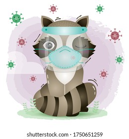 un mapache lindo usando el escudo facial y la máscara.  Covid-19, ilustración del vector del coronavirus.