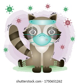 süßer Raccoon mit Gesichtsschild und Maske.  Covid-19, Coronavirus, Vektorgrafik.