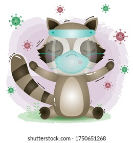 cute raccoon using face shield and mask.  Covid-19,  coronavirus vector illustration.