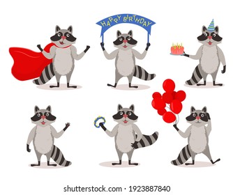 Cute raccoon vector set. A collection of isolated funny raccoons. Cartoon raccoon in the children's style.