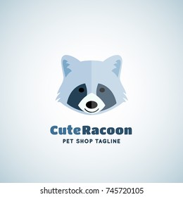 Cute Raccoon Vector Sign Emblem Or Logo Template. Funny Racoon Face In Flat Style Concept With Modern Typography. Isolated.