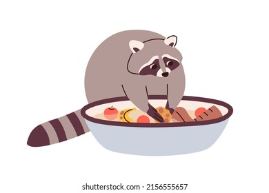 Cute raccoon washing food in basin. Funny racoon cleaning fruits in water bowl. Amusing lovely neat wild animal with eating. Adorable character. Flat vector illustration isolated on white background