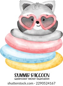 Cute raccoon, Watercolor raccoon, Summer animal, Beach, Raccoon Vector illustration