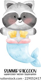 Cute raccoon, Watercolor raccoon, Summer animal, Beach, Raccoon Vector illustration