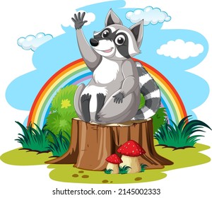 Cute raccoon waving hand in garden illustration