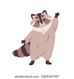 Raccoon lindo ondeando con pata, saludando con hola, hola gesto. Feliz caracter sonriente animal de bienvenida. Simpático racoon alegre y alegre. Ilustración vectorial plana aislada en fondo blanco