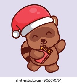cute raccoon wearing christmas hat,