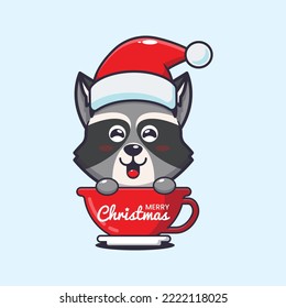 Cute raccoon wearing santa hat in cup. Cute christmas cartoon illustration. 