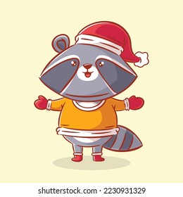 Cute raccoon wearing a sweater and head cover