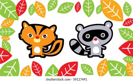 cute raccoon and weasel in jungle