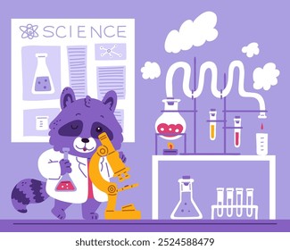 Guaxinim bonito em um manto branco olha em um microscópio, segurando um frasco com líquido. Cientista químico. Pesquisa laboratorial. Especialista no campo da química. Experimentos. Ilustração vetorial.