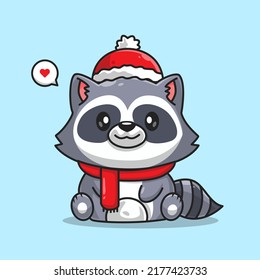 Cute Raccoon Winter Sitting Cartoon Vector Icon Illustration. Animal Nature Icon Concept Isolated Premium Vector. Flat Cartoon Style