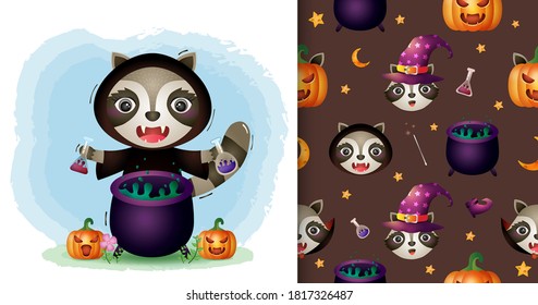 a cute raccoon with witch costume halloween character collection. seamless pattern and illustration designs