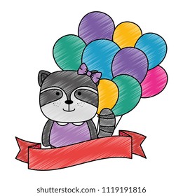 cute raccoon witth balloons helium character icon