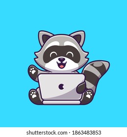 Cute Raccoon Working On Laptop Cartoon Vector Icon Illustration. Animal Technology Icon Concept Isolated Premium Vector. Flat Cartoon Style