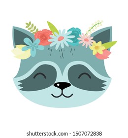 Cute raccoon in a wreath of flowers. Raster illustration in flat cartoon style.