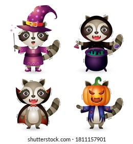 cute raccoons with costume halloween character collection