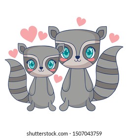 cute raccoons couple characters vector illustration