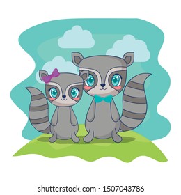 cute raccoons couple characters vector illustration