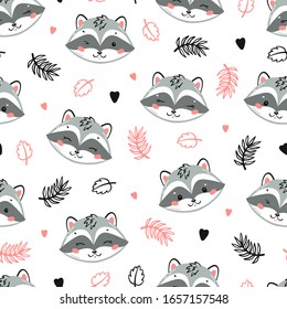 Cute Raccoons. Little Raccoon Face and Leaves Floral Seamless Pattern. Kawaii Animal Heads Vector Childish Background for Kids Fashion Design. Print for Nursery Wallpaper, Baby Shower, Birthday