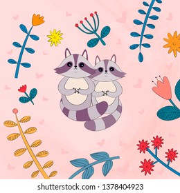 Cute Raccoons in Love Illustration