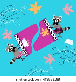 Cute raccoons musicians. Beautiful card with cartoon animal characters playing grand piano and maple leaves. 